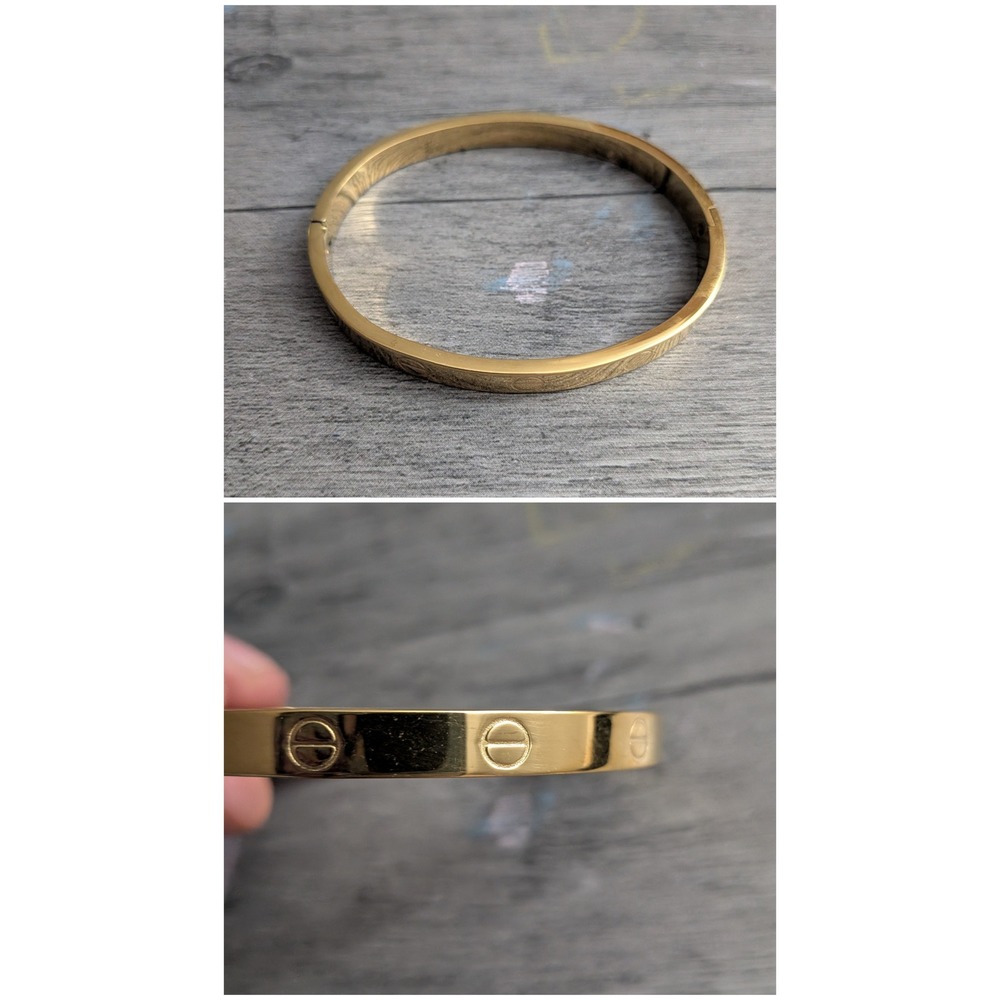 Gold Tone Engraved Screw Motif Hinge Bangle Bracelet Minimalist Cuff